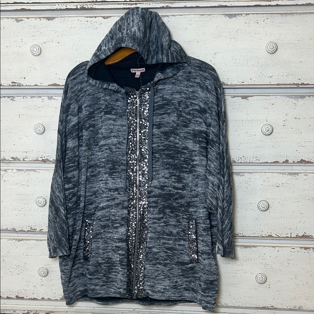 Juicy Couture Y2K Gray Sequin Zip Hoodie Dolman Sleeves L